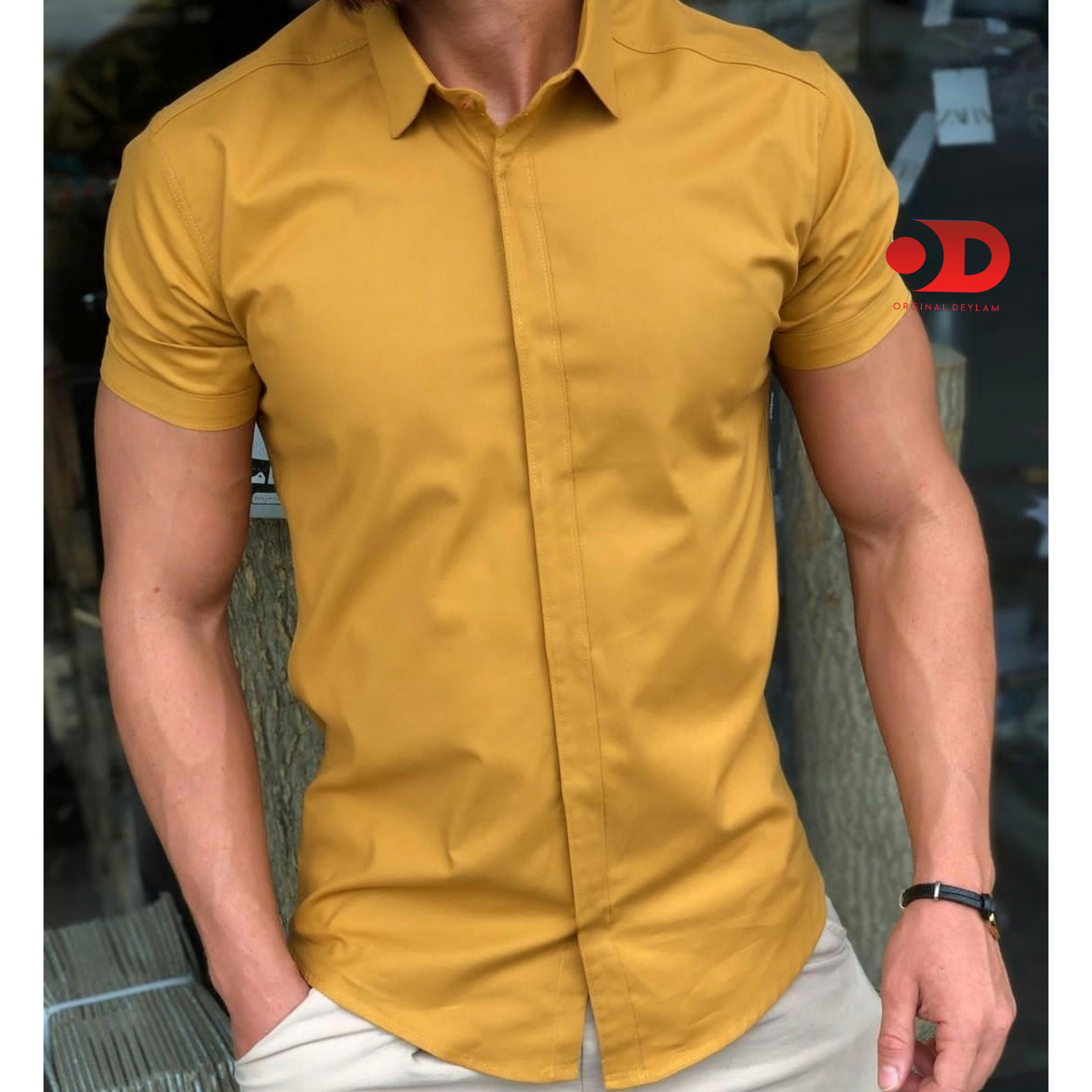 پیراهن آستین کوتاه مردانه خردلی - اورجینال دیلم
