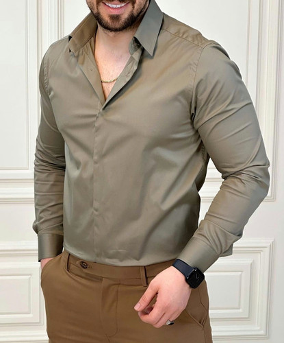 پیراهن مردانه زیتونی سیر ساتن پنبه کش بسیار شیک و با کیفیت