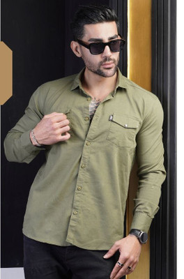 پیراهن مردانه کتان دو جیب سبز بسیار شیک و با کیفیت