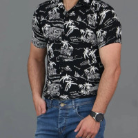 پیراهن هاوایی مشکی مردانه با طرح زیبای درختان استوایی کد427