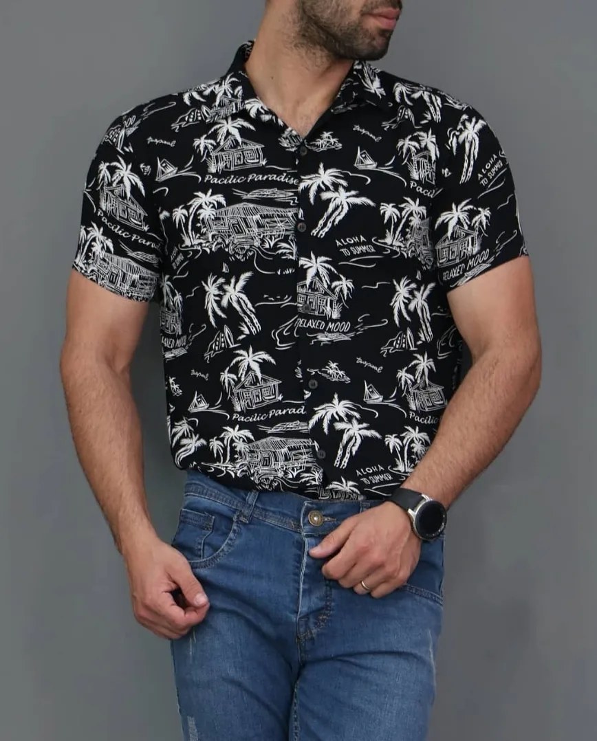 پیراهن هاوایی مشکی مردانه با طرح زیبای درختان استوایی کد427