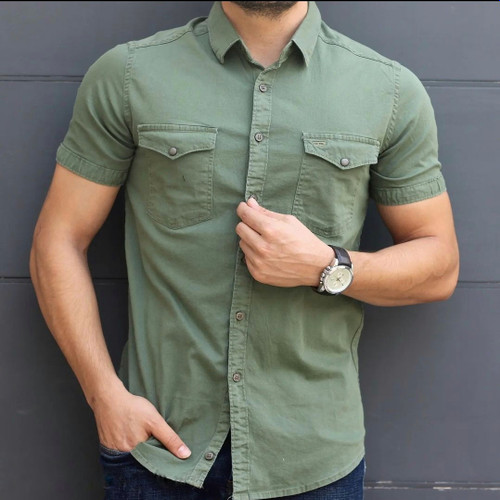 پیراهن کتان آستین کوتاه سبز جلبکی