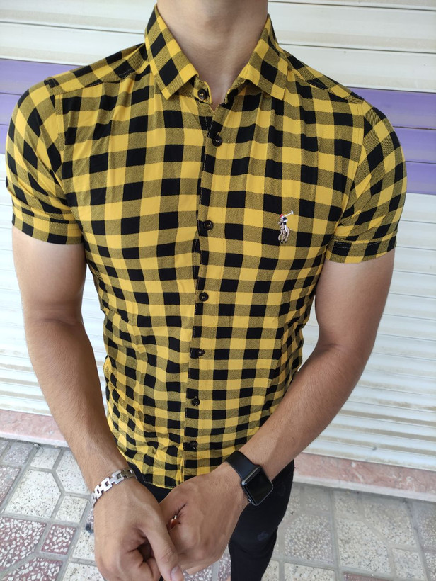 پیراهن هاوایی مردانه چهار خونه ریز زرد و مشکی