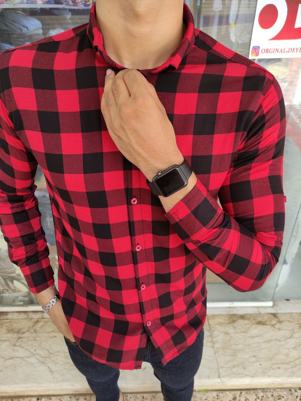 پیراهن آستین بلند چهار خونه قرمز و مشکی بسیار زیبا
