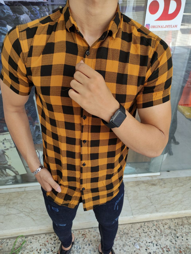 پیراهن هاوایی چهار خونه خردلی و مشکی جذاب و دیدنی