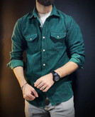 پیراهن مخمل کبریتی سبز خاص مردانه | دو جیب