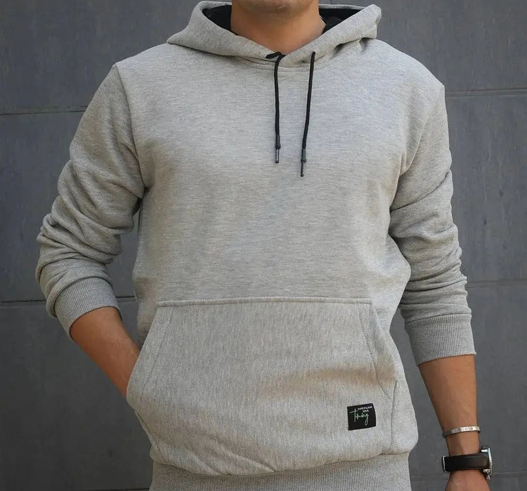 هودی ساده طوسی مردانه - پارچه دورس سه نخ پنبه