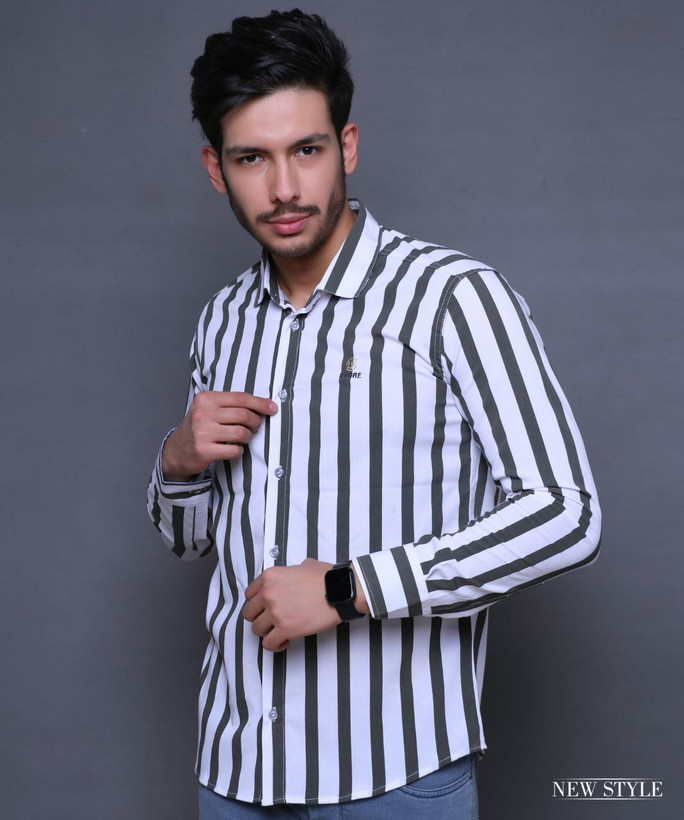 پیراهن آستین بلند راه راه عمودی تمام نخ مردانه | رنگ بندی