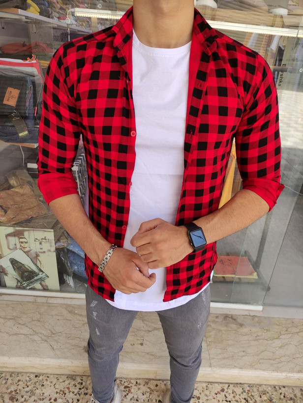 پیراهن چهارخونه قرمز و مشکی هاوایی