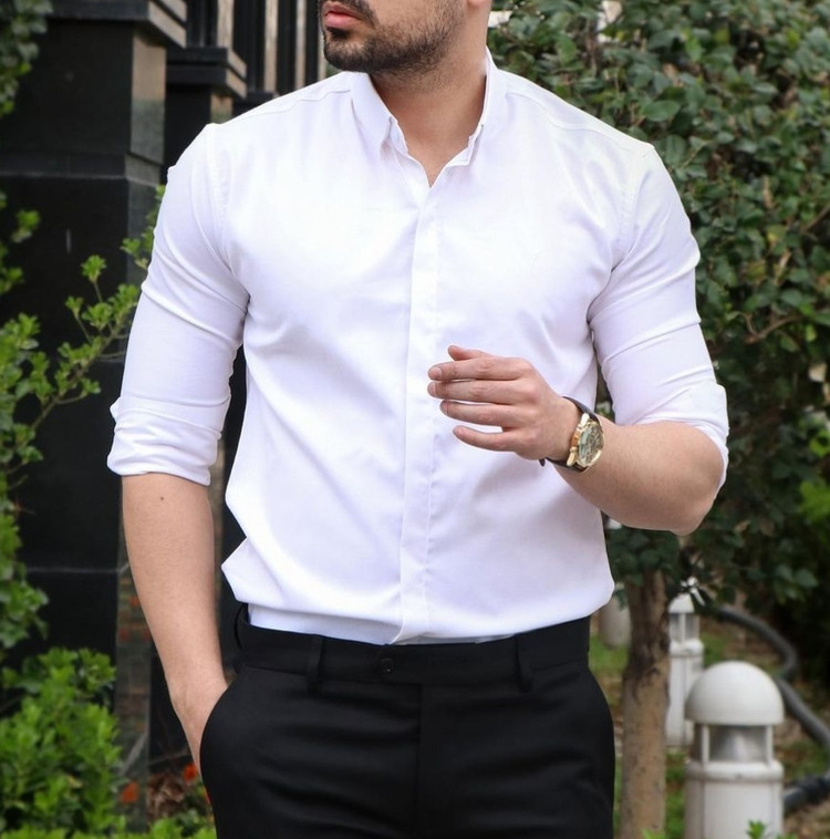 پیراهن سفید مردانه دکمه مخفی