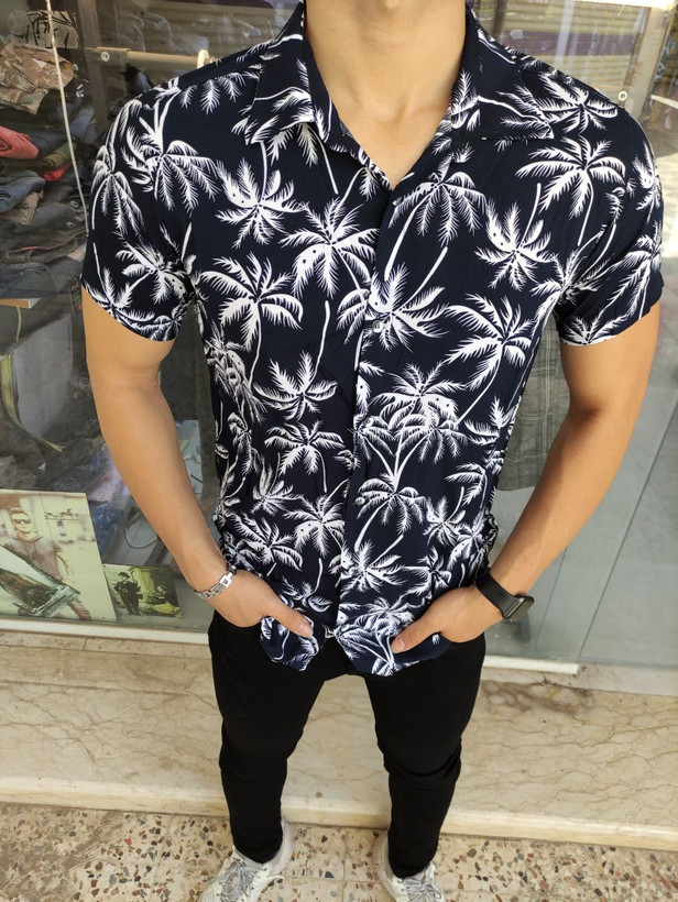 پیراهن هاوایی مردانه سرمه ای طرح درختان نارگیل استوایی شیک