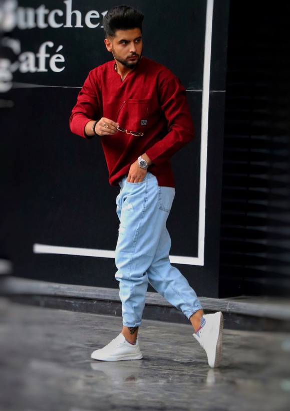 بلوز نیمه لش یقه کوبایی زرشکی