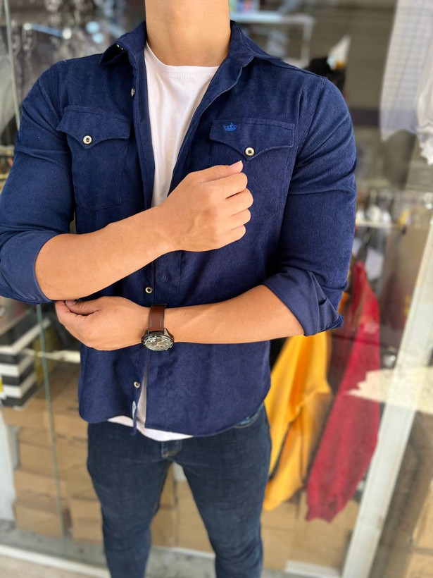 پیراهن مخمل کبریتی مردانه دو جیب سرمه ای کد 17