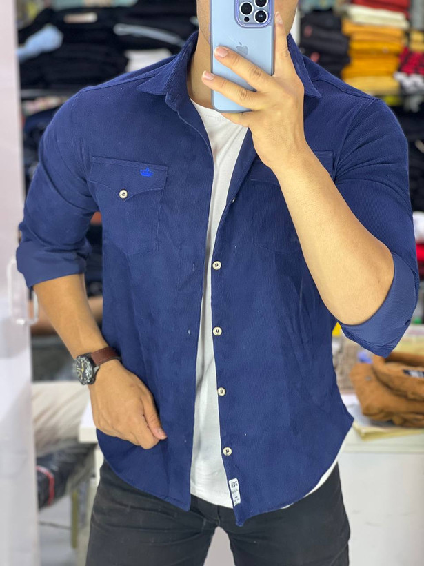 پیراهن مخمل کبریتی مردانه دو جیب سرمه ای کد 17