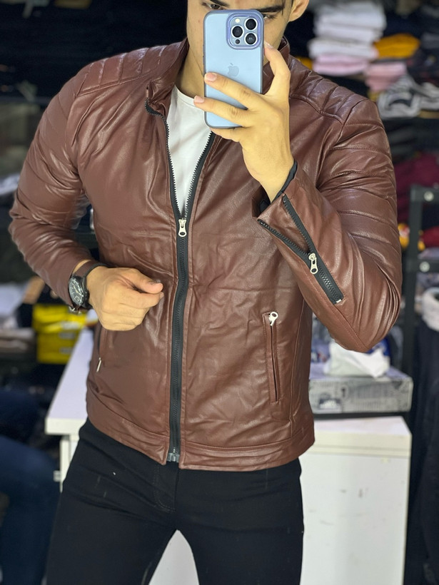 کاپشن چرم قهوه ای