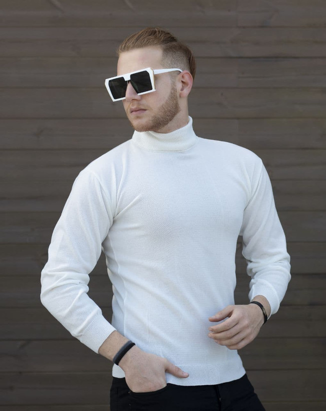 پلیور یقه اسکی سفید مردانه - بافت ریز نخ لاکرا اعلا