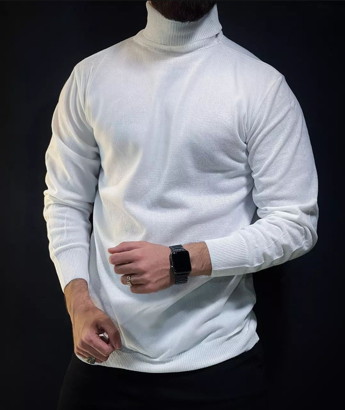 بافت یقه اسکی ساده سفید مردانه