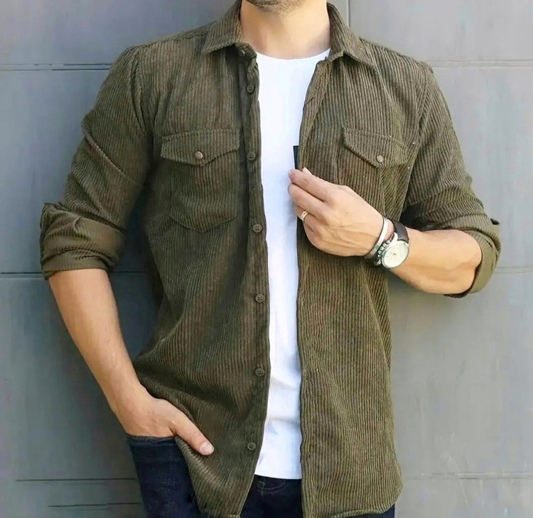 پیراهن مخمل کبریتی سبز سدری مردانه پاییز 1404