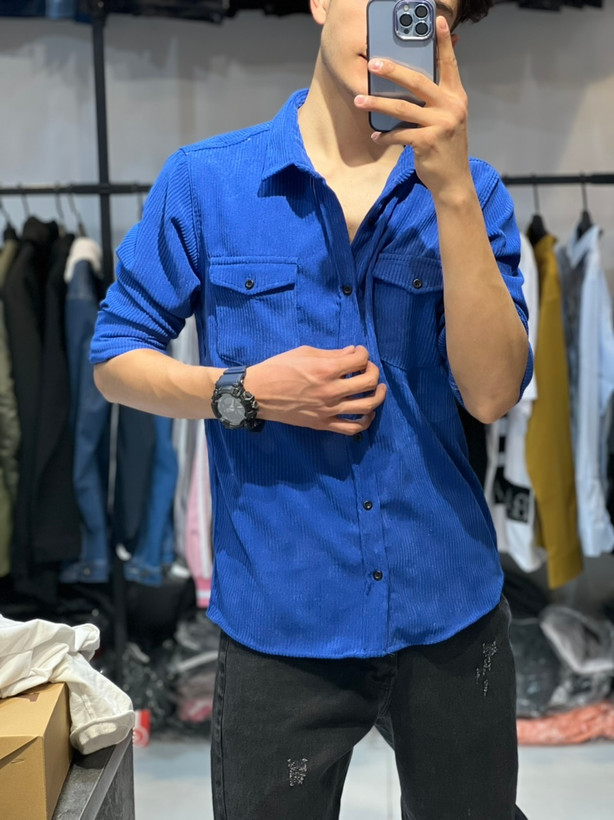 پیراهن کبریتی آبی ایتالیایی مردانه دو جیب آستین بلند