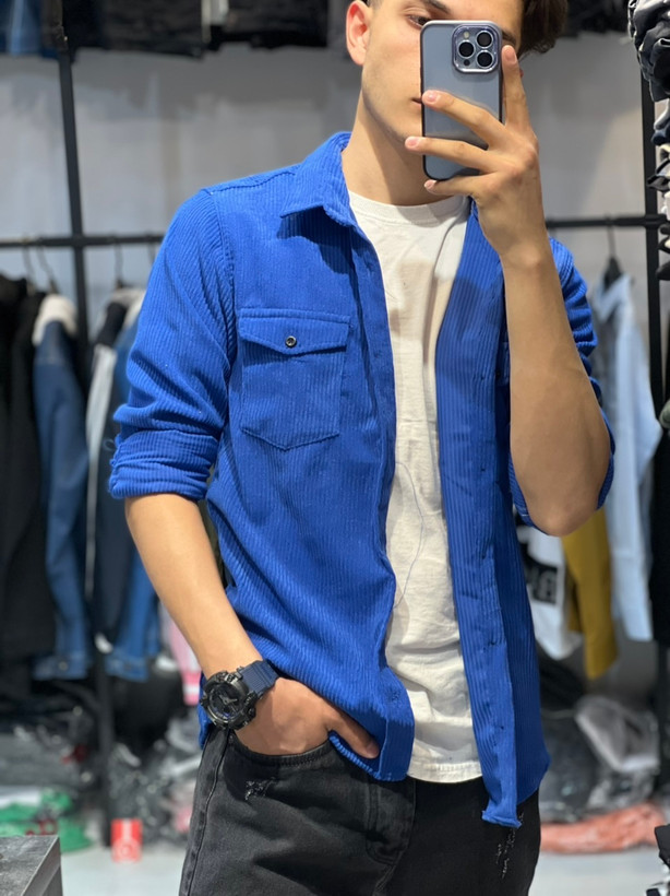 پیراهن کبریتی آبی ایتالیایی مردانه دو جیب آستین بلند