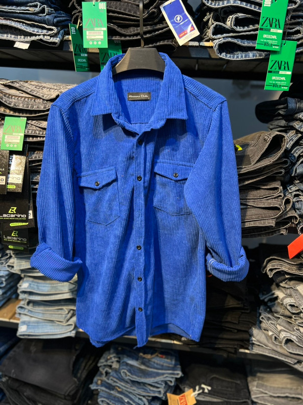 پیراهن کبریتی آبی ایتالیایی مردانه دو جیب آستین بلند