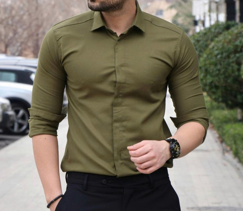 پیراهن سبزلجنی ساتن کش دکمه مخفی