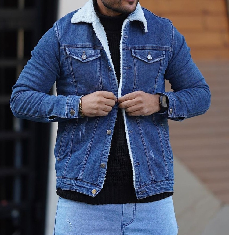 کت جین سرمه ای خز دار مردانه کد512