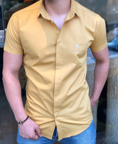 پیراهن آستین کوتاه خردلی ساتن کش