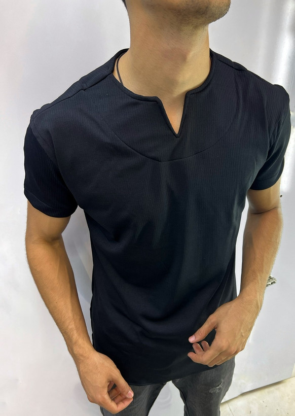 تیشرت یقه کوبایی مشکی فول کش پارچه مراکشی