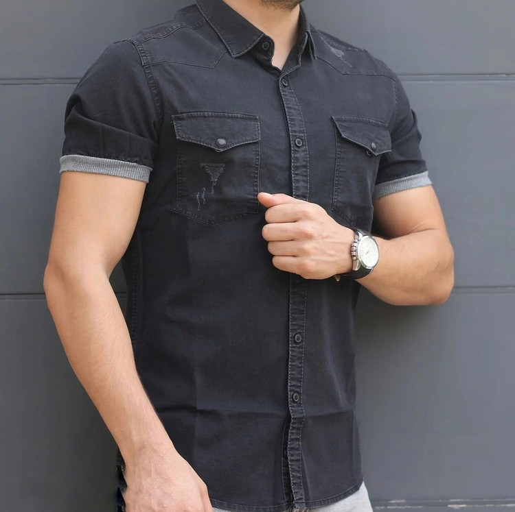 پیراهن جین آستین کوتاه مردانه مدل آستین کش جدید
