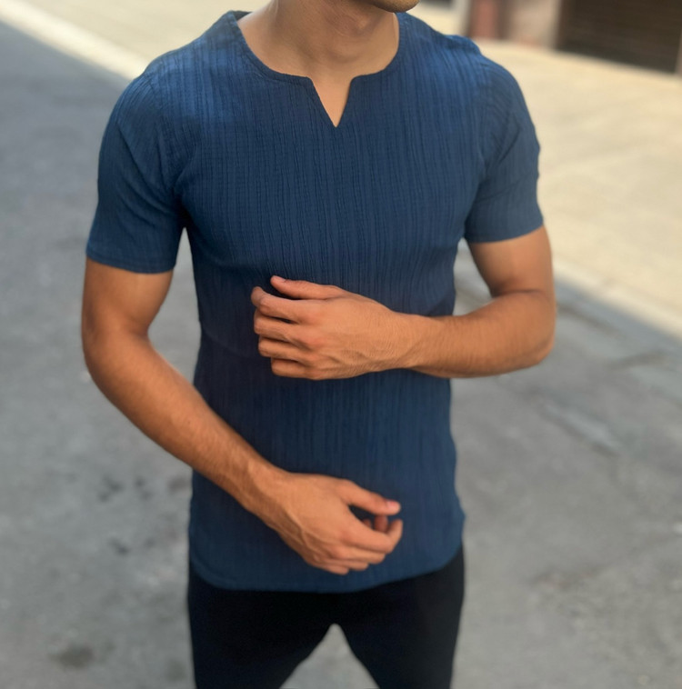 تیشرت یقه کوبایی پارچه کراش سرمه ای