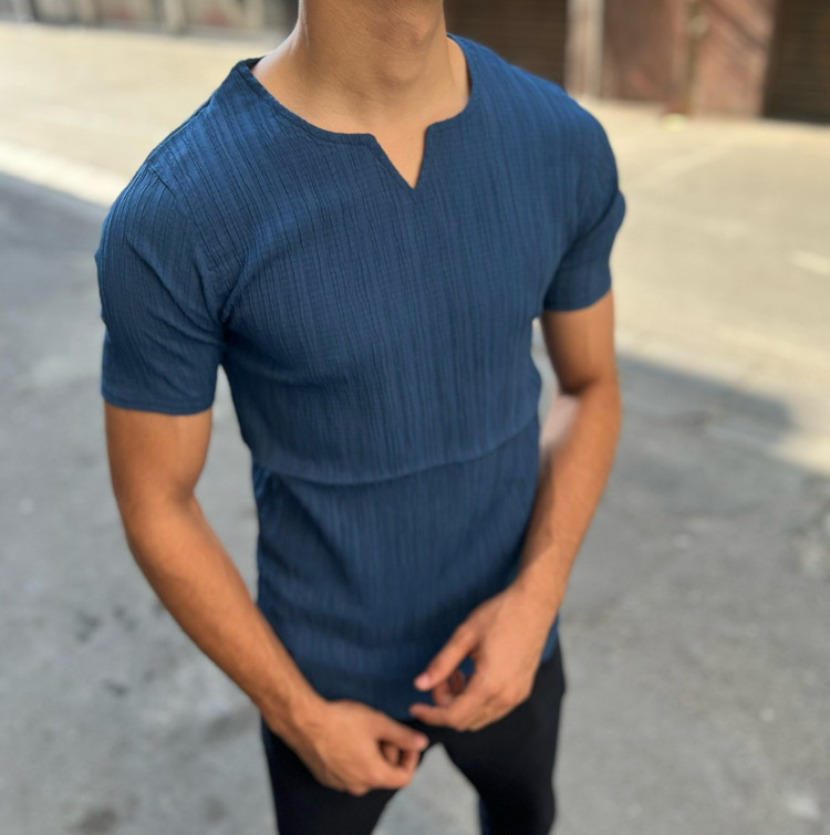 تیشرت یقه کوبایی پارچه کراش سرمه ای