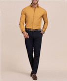 پیراهن آستین بلند مردانه خردلی پارچه ساتن کش