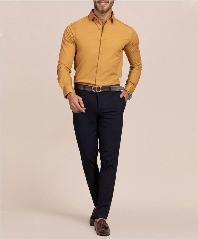 پیراهن آستین بلند مردانه خردلی پارچه ساتن کش