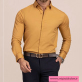 پیراهن آستین بلند مردانه خردلی پارچه ساتن کش