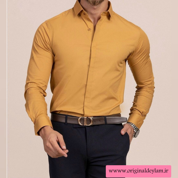 پیراهن آستین بلند مردانه خردلی پارچه ساتن کش