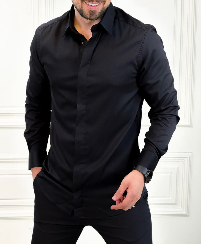 پیراهن آستین بلند ساتن کش مشکی