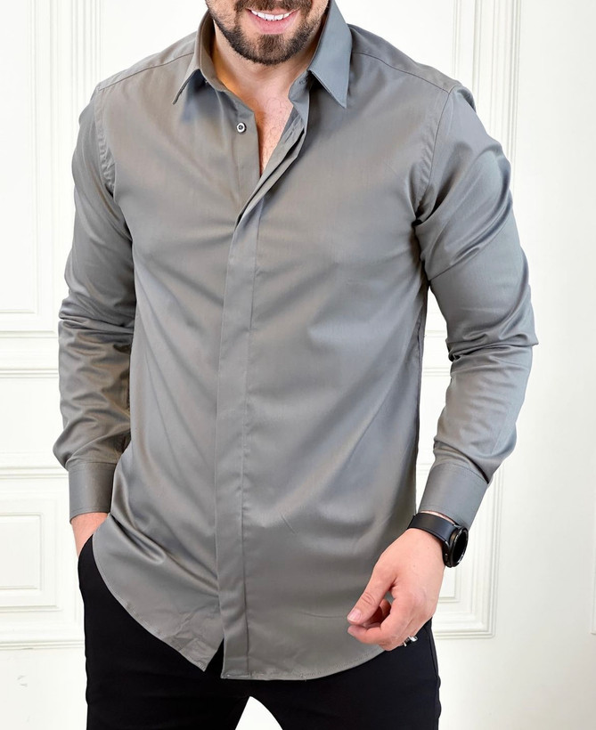 پیراهن آستین بلند ساتن کش طوسی