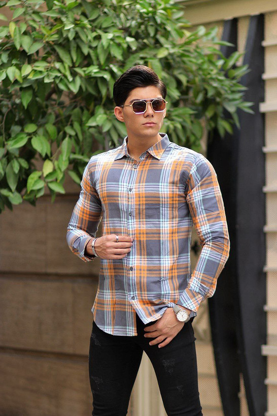 پیراهن چهارخانه جذاب و اسپرت نخ پنبه - طوسی خردلی