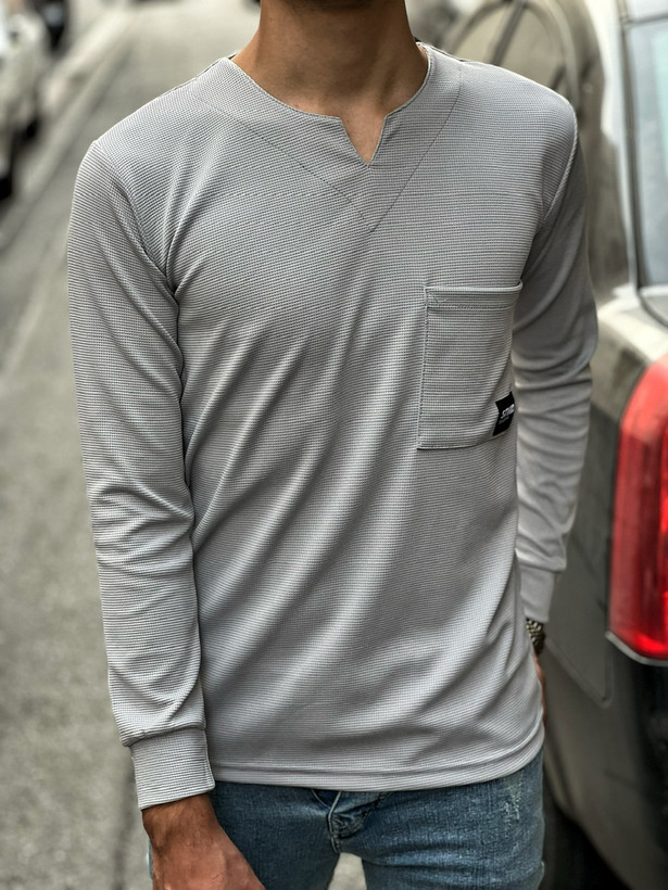 تیشرت آستین بلند طوسی پارچه بیسکویتی