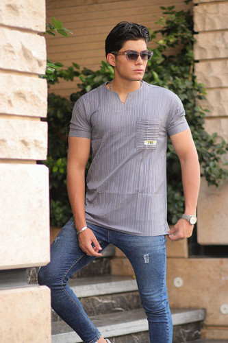 تیشرت یقه کوبایی طوسی