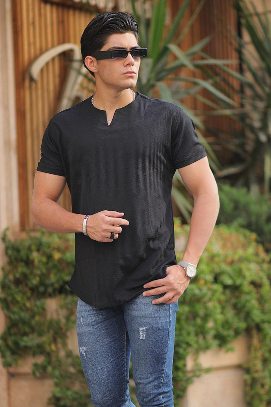 تیشرت یقه کوبایی مشکی پارچه بیسکوییتی