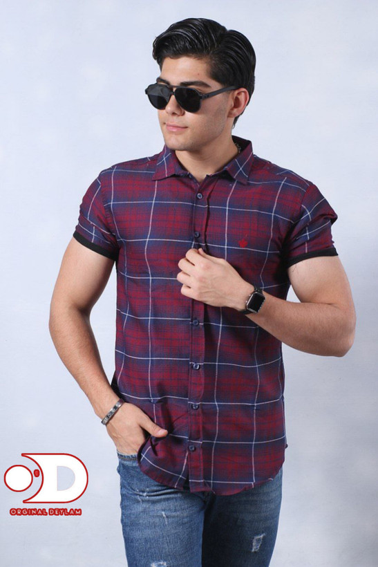 پیراهن آستین کوتاه چهارخانه جدید پارچه کنف بیسکوییتی زرشکی