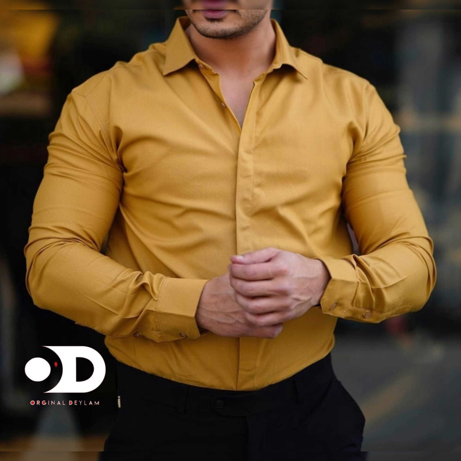 پیراهن مردانه خردلی آتشی پارچه شانلی کش با یقه snt کد SHK7665