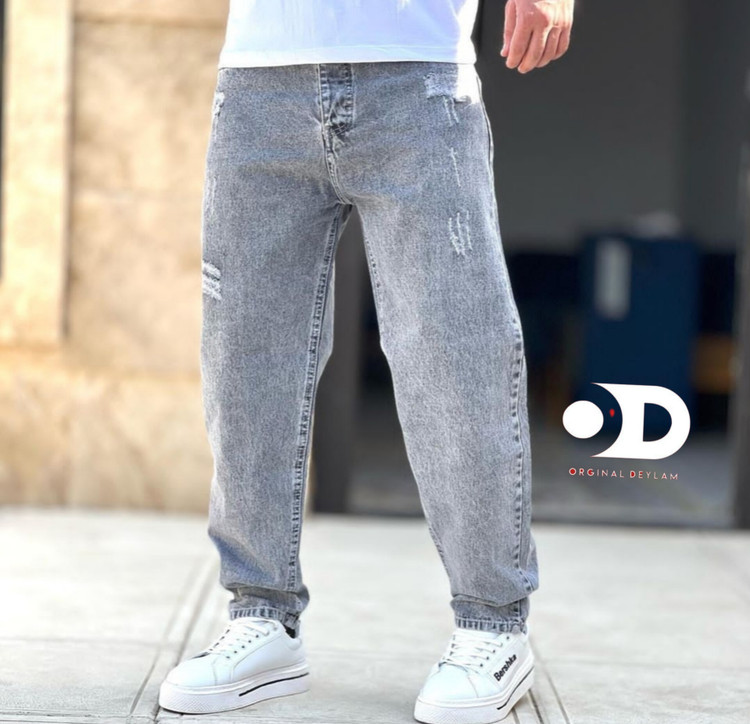 شلوار جین طوسی مام فیت پارچه کجراه پنبه سنگشور کد ۲۵۶۳۳