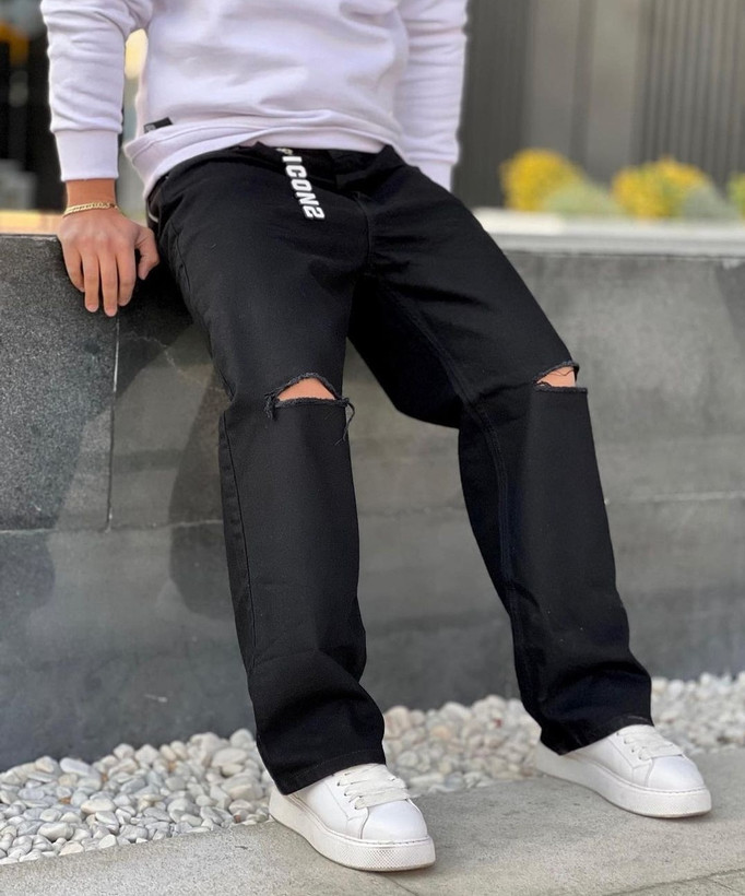 شلوار بگ مشکی زانو کات - پارچه پنبه کجراه