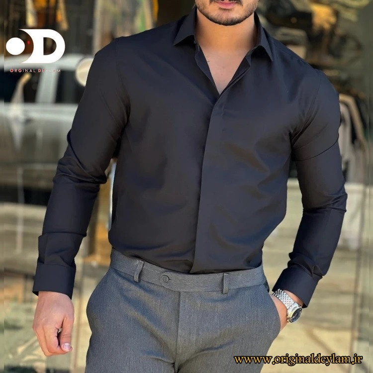 پیراهن مردانه پارچه دوشین با یقه snt مجلسی