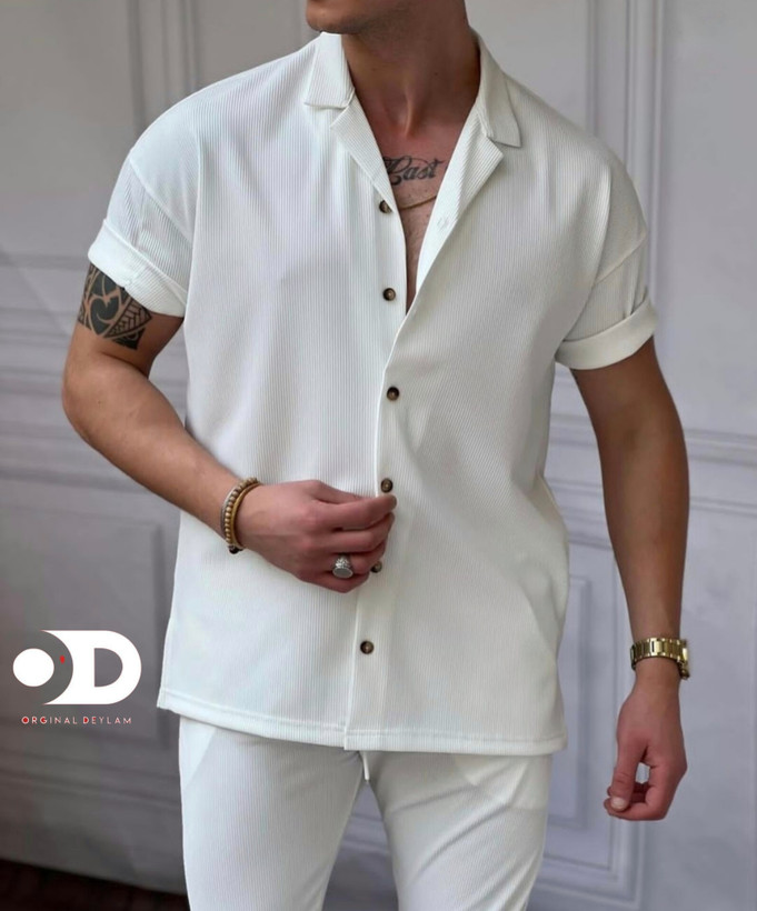 پیراهن یقه انگلیسی پارچه بیسکوییتی میله ای فول کش ترک