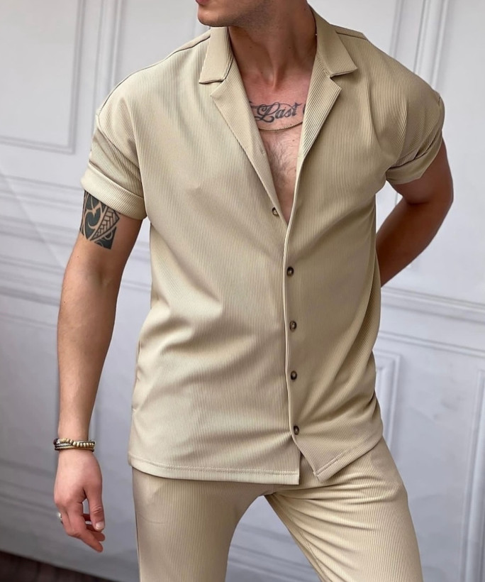 پیراهن یقه انگلیسی کرم پارچه بیسکوییی فول کش