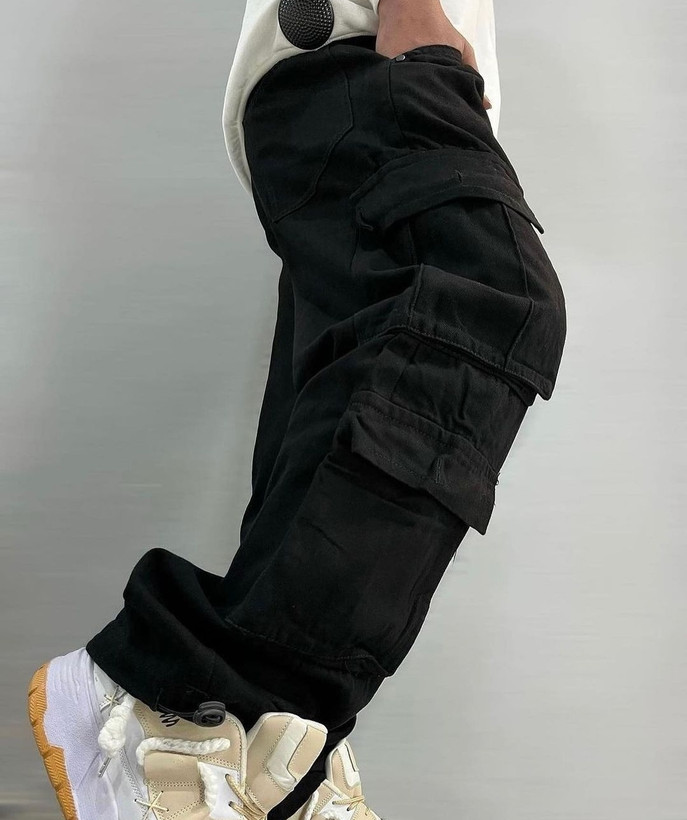 شلوار اسلش کارگو مشکی 8 جیب پارچه جین درجه یک